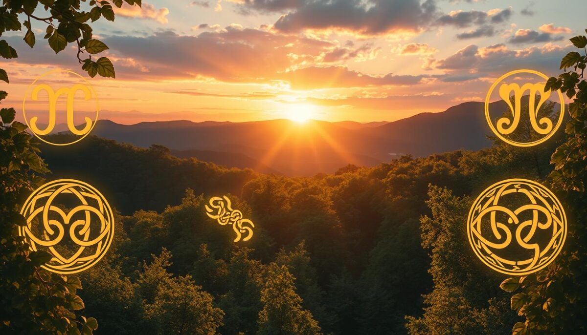 Create a mesmerizing illustration depicting the astrological interpretation of Celtic signs. In the foreground, feature intricate Celtic symbols representing each of the zodiac signs, beautifully intertwined with nature motifs like ivy and oak leaves. In the middle ground, portray a tranquil forest glade bathed in soft, golden sunlight filtering through lush greenery, creating an ethereal glow. In the background, include majestic hills and a serene sky transitioning from dawn to dusk, symbolizing the passage of time in Celtic wisdom. Use warm, inviting colors to evoke a sense of harmony and connection with nature. The overall mood should be mystical, fostering a sense of exploration and curiosity about astrological influences. Ensure there are no people in the image, maintaining a focus solely on the symbols and natural elements.