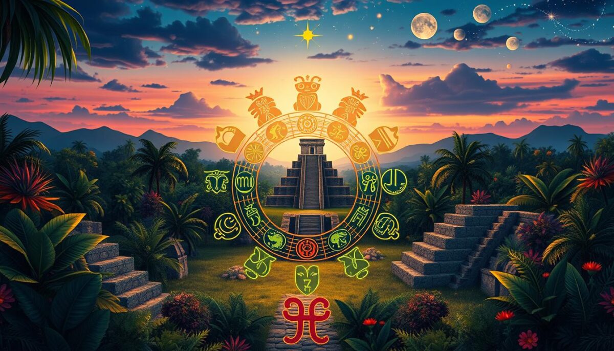 Create a vibrant and detailed illustration of the "Signos Maia," showcasing the unique astrological symbols of the Maya civilization. In the foreground, depict each of the astrological signs represented by distinct, colorful glyphs, intricately designed and arranged in a circular formation. The middle ground should feature lush, tropical elements inspired by the Mayan landscape, such as vibrant foliage, ancient ruins, and symbols of the cosmos, like stars and celestial bodies. In the background, create a soft, ethereal sky at dusk, with deep blues and purples fading into warm oranges and pinks, suggesting a mystical atmosphere. Use soft lighting to enhance the magical feel of the scene. The overall mood should evoke wonder and curiosity about the mysteries of Maya astrology.