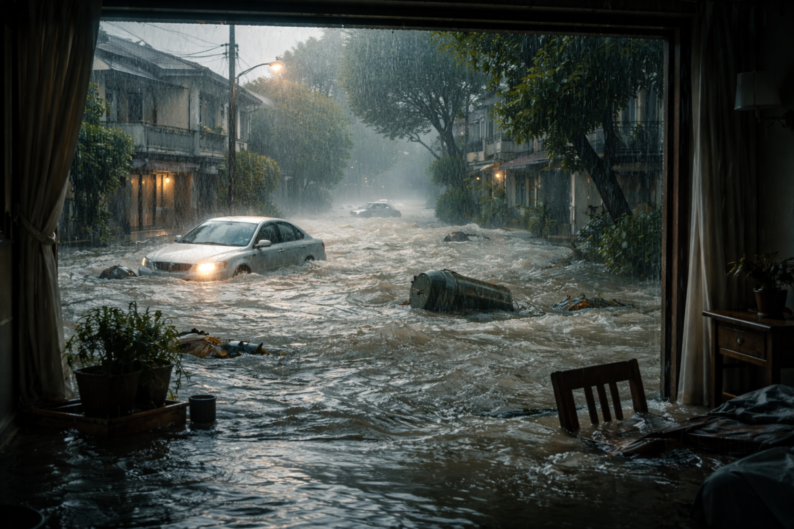 Inundação urbana durante forte tempestade