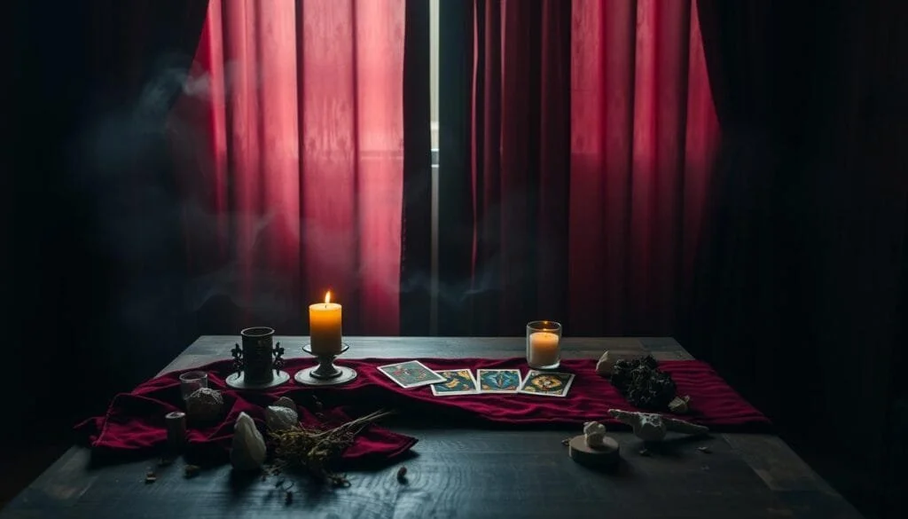 Tarô Místico das Fadas - Ambiente preparado para leitura de tarot místico com elementos naturais