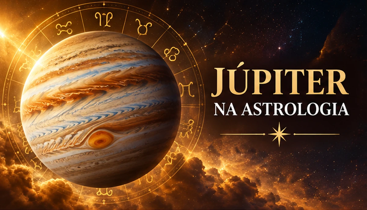 O planeta Júpiter com a Grande Mancha Vermelha e faixa zodiacal em estilo clássico