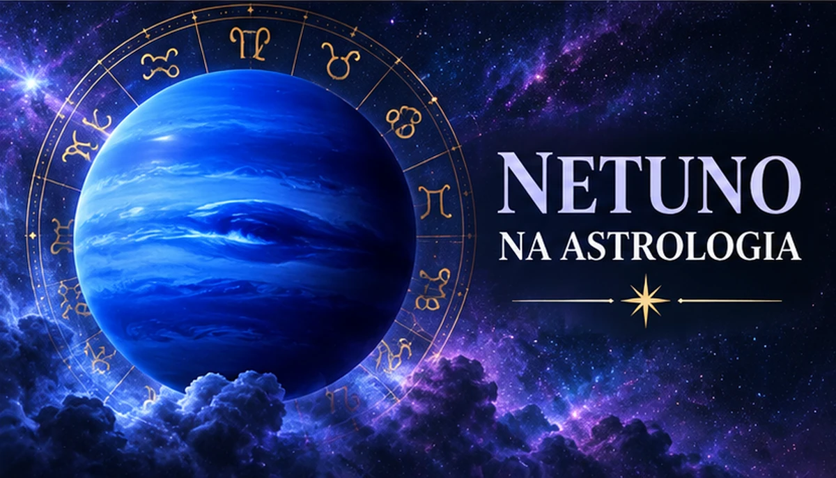 O planeta Netuno azul profundo envolto em nuvens estelares e mandala zodiacal