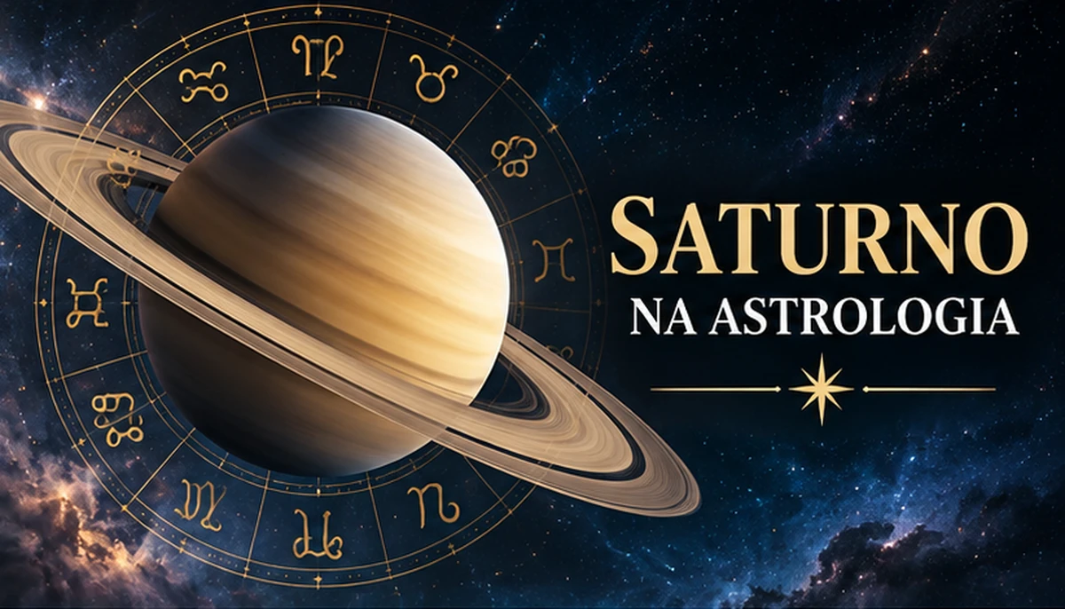 O planeta Saturno com seus anéis luminosos e mandala zodiacal cósmica
