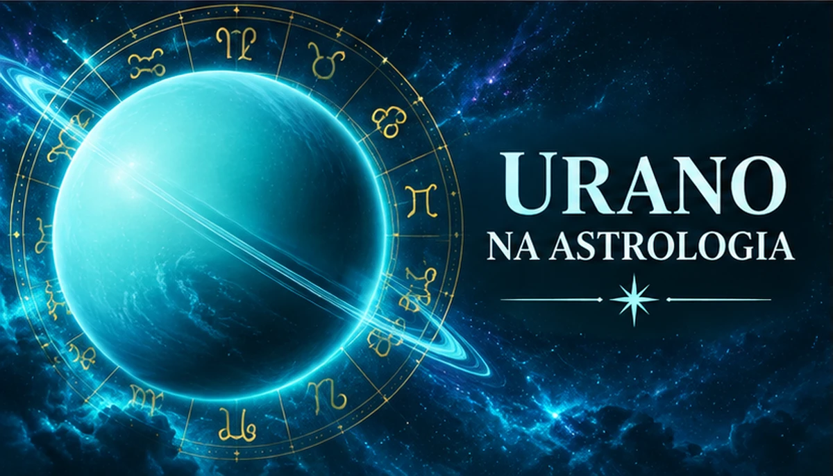 O planeta Urano azul-ciano com seus anéis verticais e constelação cósmica